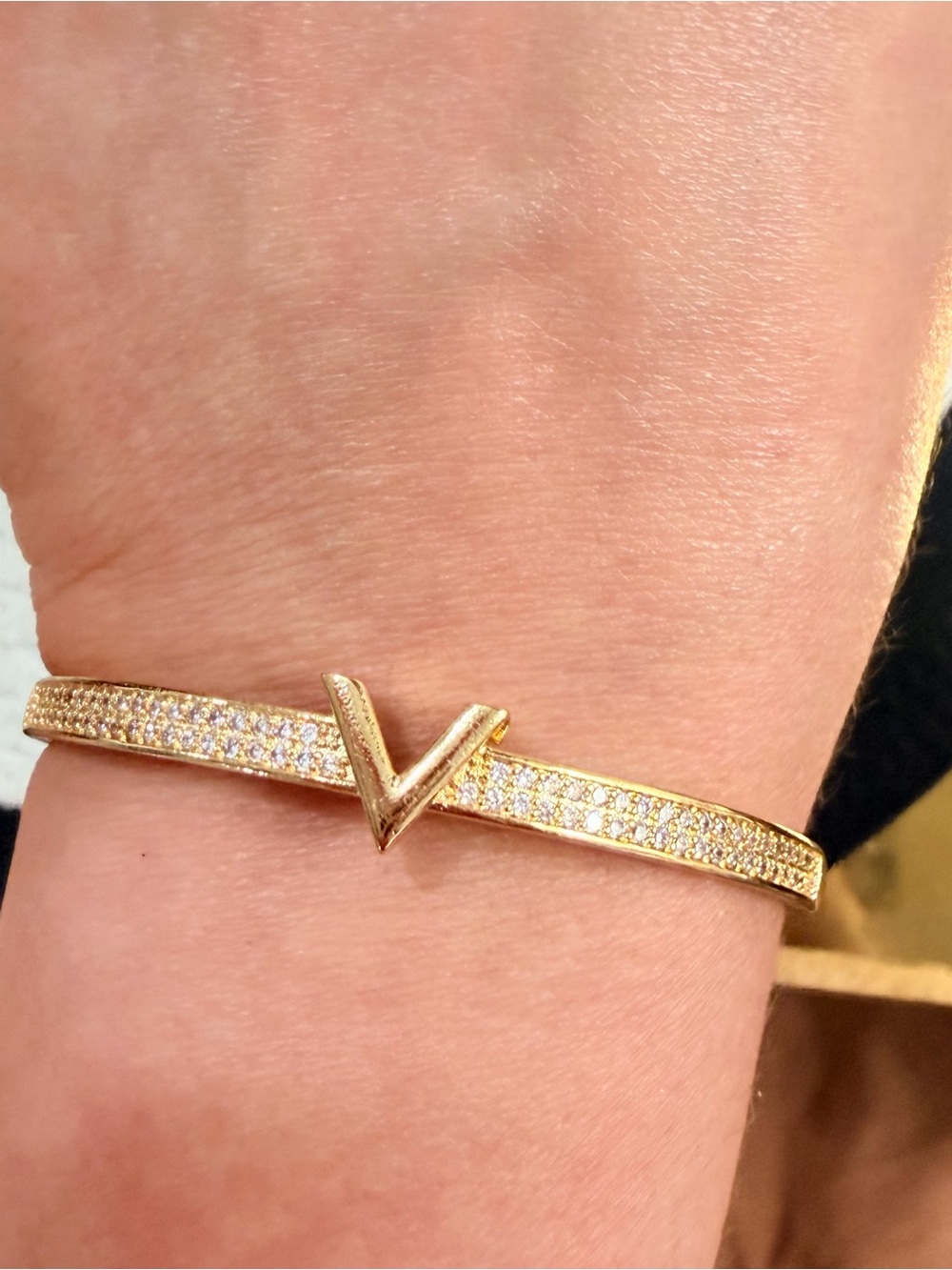 Gold Plated V-Accent Pavé Bangle Bracelet | NEW | Size 6.5